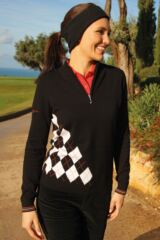 Glenmuir Ludivine 100% Supersoft Cotton Zip Neck Golf Sweater with Front Diamond and Raker Design Panel and Contrast Tipping on Cuffs
