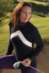 Glenmuir Myleene 100% Supersoft Cotton Crew Neck Golf Sweater with Front Chevron Design and Mock Button Cuff Fastening