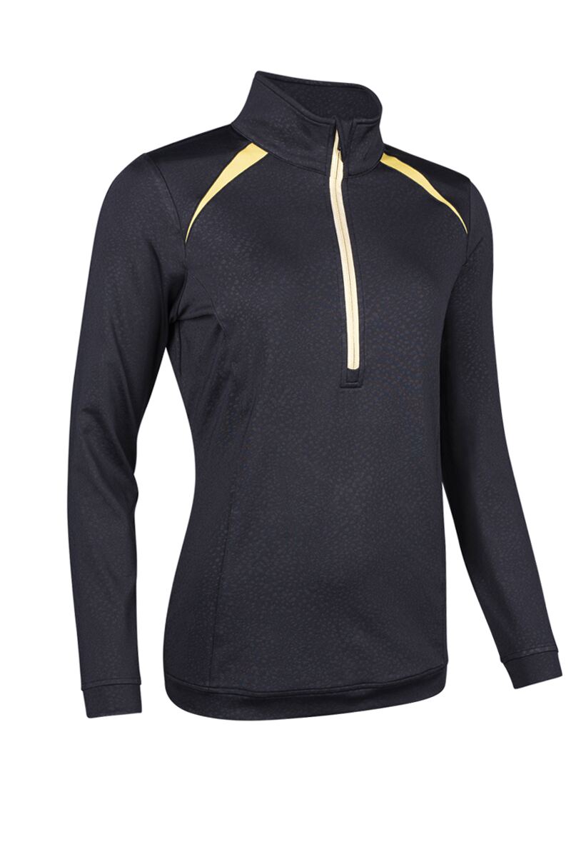 Ladies Quarter Zip Shoulder Panelled Performance Fleece Golf Midlayer Sale Black Cheetah/Gold S
