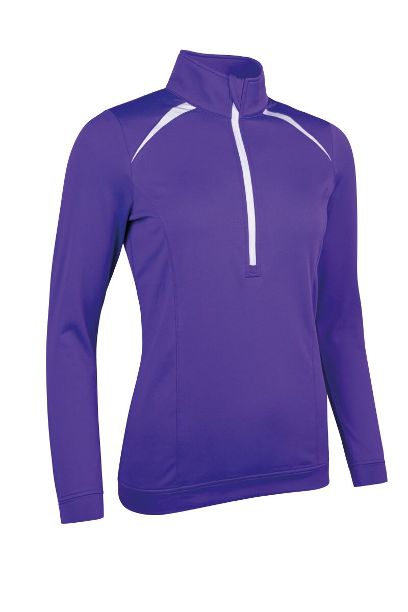 Ladies Quarter Zip Shoulder Panelled Performance Fleece Golf Midlayer Purple/White S