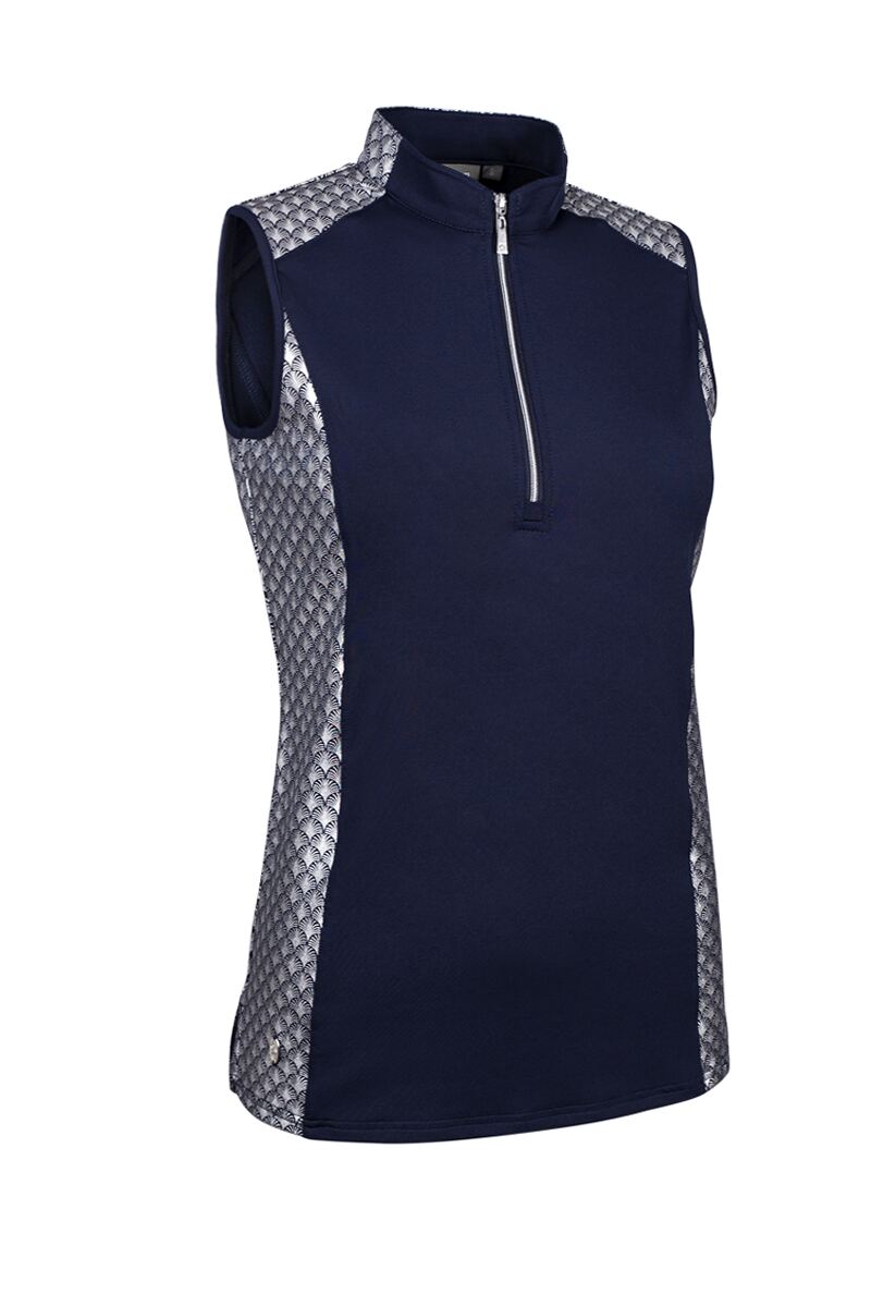 Ladies Printed Panel Zip Collar Sleeveless Performance Golf Shirt Navy/Silver Foil Print S