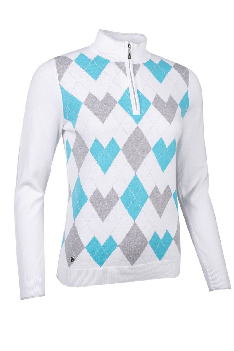 Ladies Quarter Zip Diamond Heart Argyle Cotton Golf Sweater White/Aqua XL