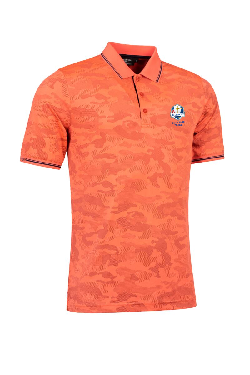Official Ryder Cup 2025 Mens Camo Jacquard Collar and Cuffs Performance Golf Polo Shirt Apricot/Navy S