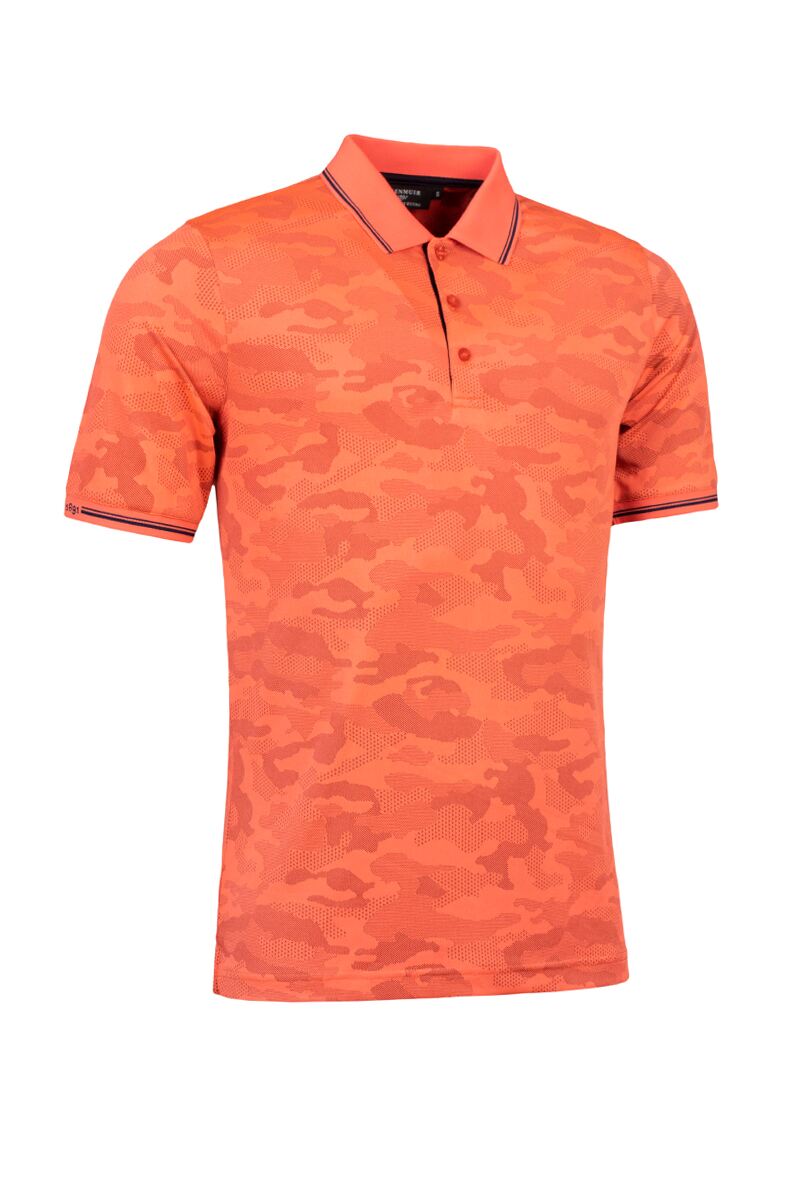 Mens Camo Jacquard Collar and Cuffs Performance Golf Polo Shirt Apricot/Navy XL