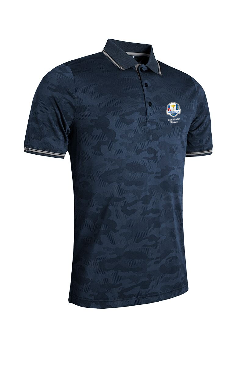 Official Ryder Cup 2025 Mens Camo Jacquard Collar and Cuffs Performance Golf Polo Shirt Navy/Light Grey XXL