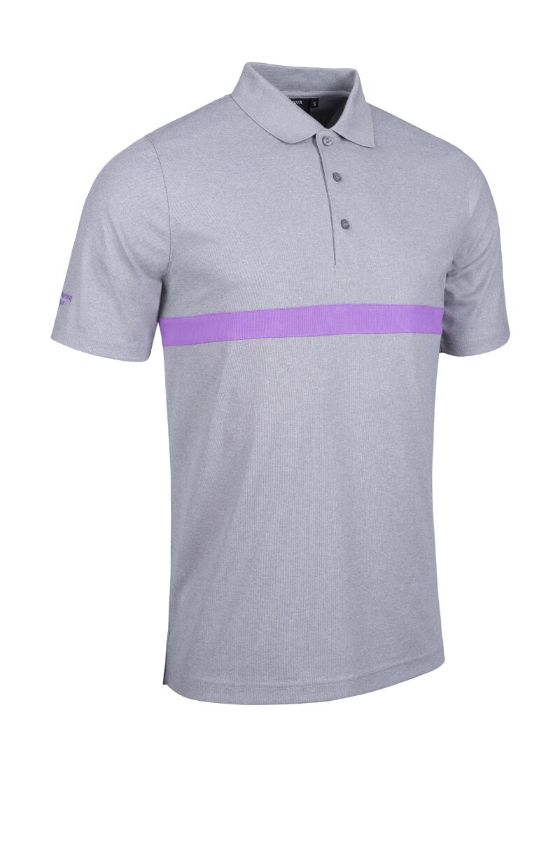 Mens Contrast Chest Stripe Performance Golf Shirt Light Grey Marl/Amethyst M