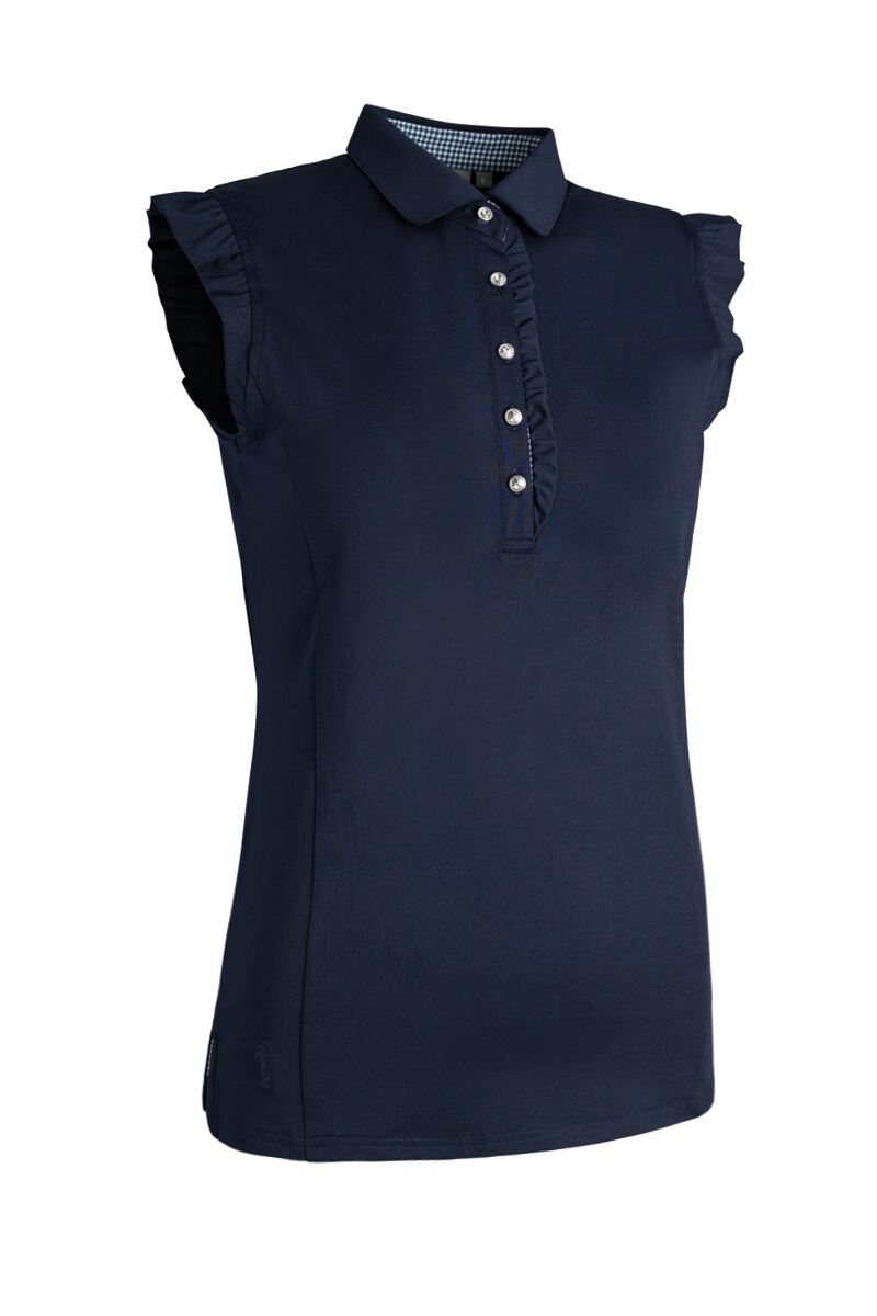 Ladies Ruched Placket Gingham Sleeveless Performance Golf Polo Shirt Sale Navy S