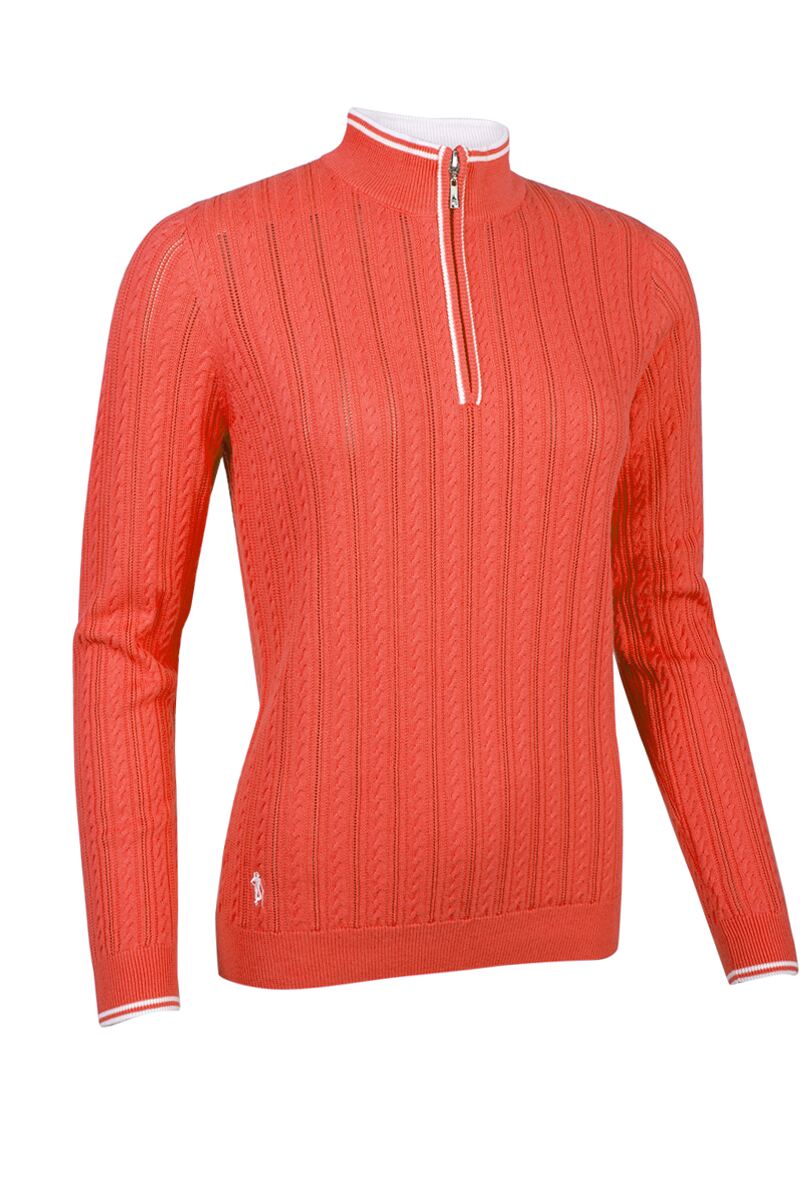 Ladies Quarter Zip Cable Knit Cotton Golf Sweater Apricot/White L