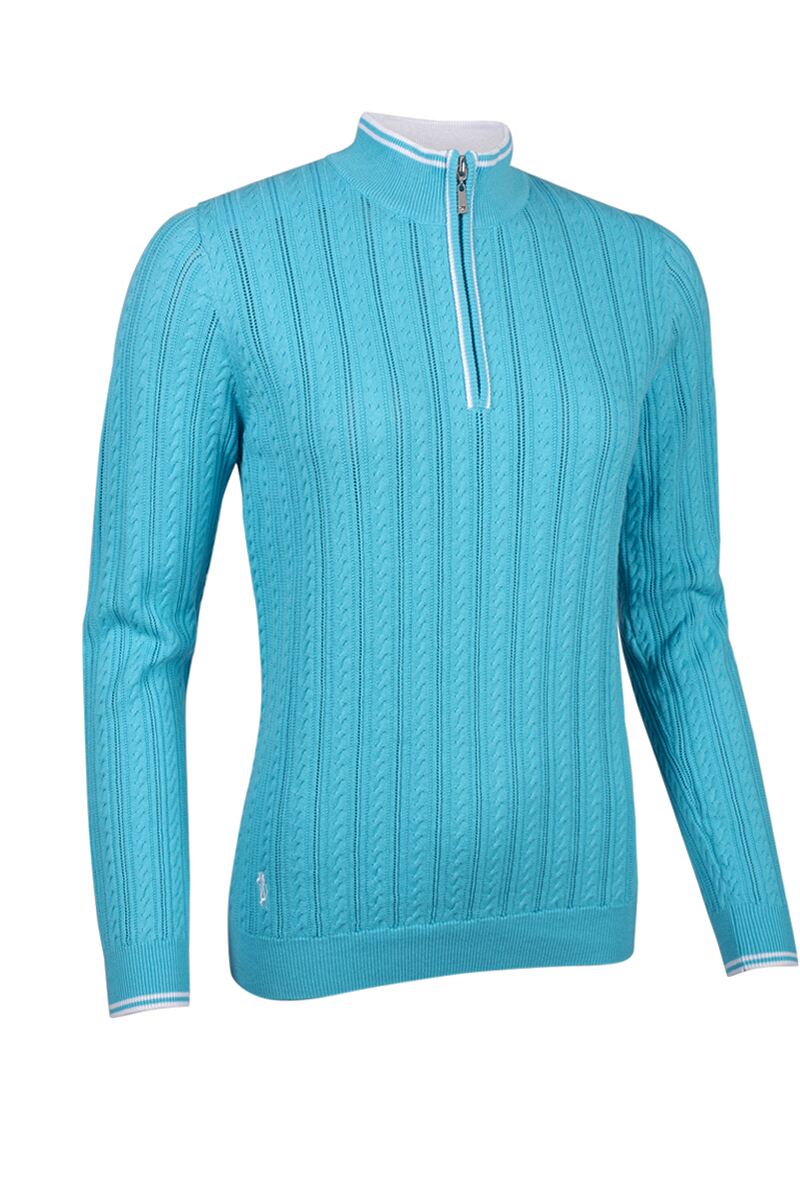 Ladies Quarter Zip Cable Knit Cotton Golf Sweater Aqua/White M