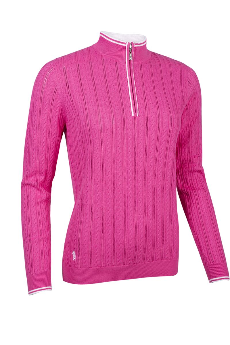 Ladies Quarter Zip Cable Knit Cotton Golf Sweater Hot Pink/White L