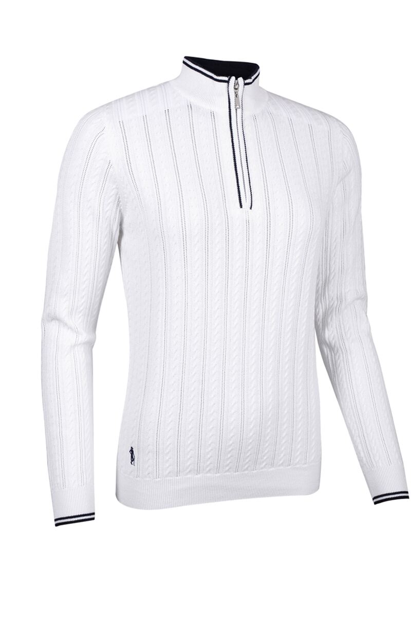 Ladies Quarter Zip Cable Knit Cotton Golf Sweater White/Navy M