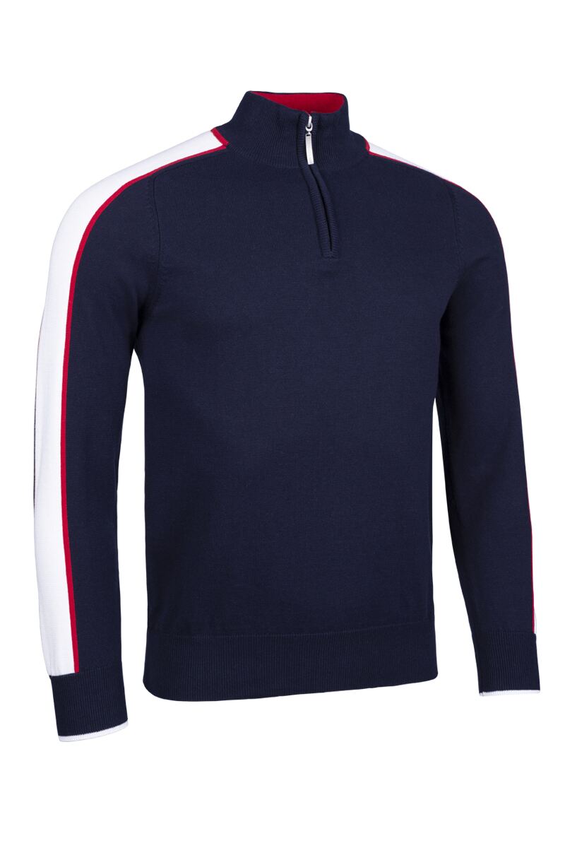 Mens Quarter Zip Colour Block Sleeve Stripe Cotton Golf Sweater Navy/White/Garnet XL