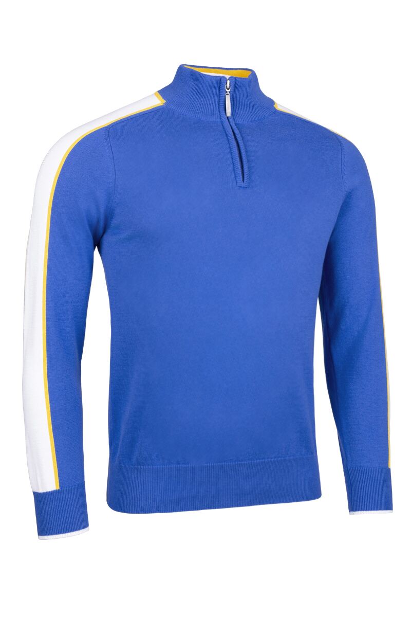 Mens Quarter Zip Colour Block Sleeve Stripe Cotton Golf Sweater Tahiti/White/Gold M