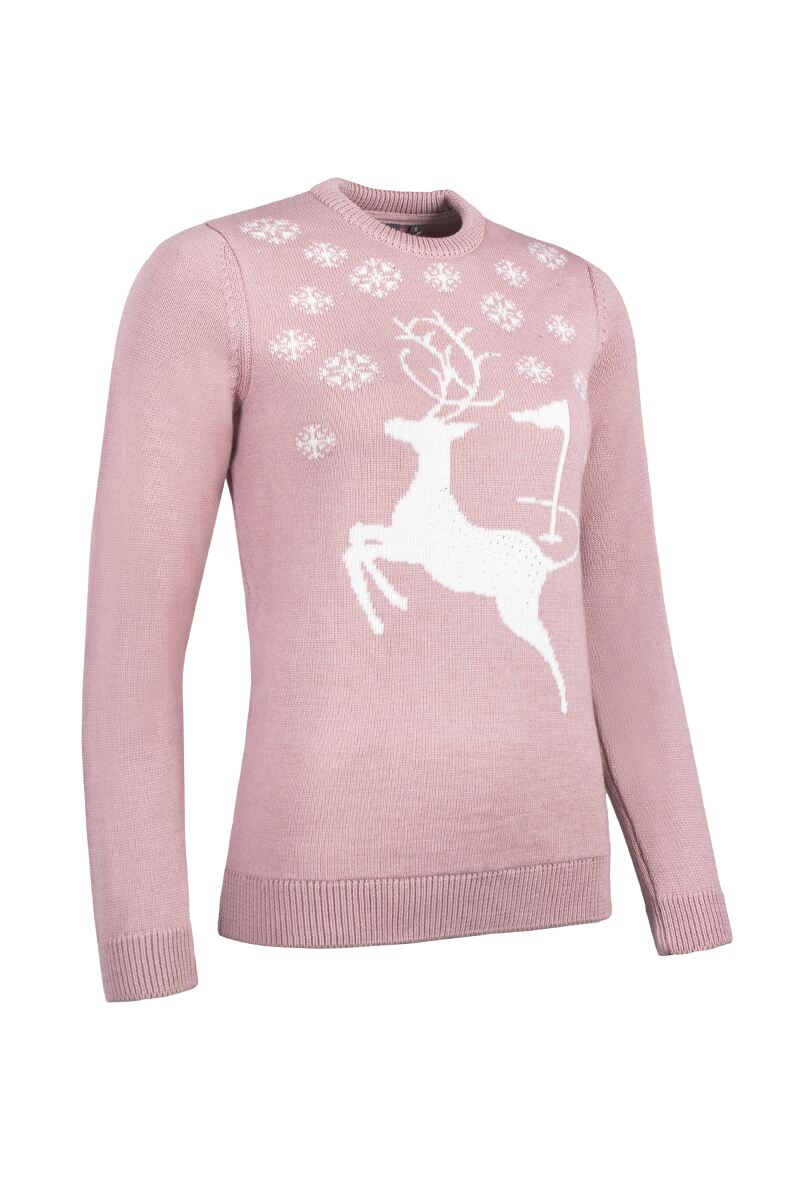 Ladies Diamante Stag Merino Blend Christmas Knitwear Sale Winter Pink/White S