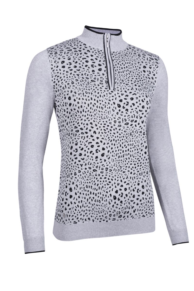 Ladies Quarter Zip Animal Print Cotton Golf Sweater Sale Light Grey Marl/Black M
