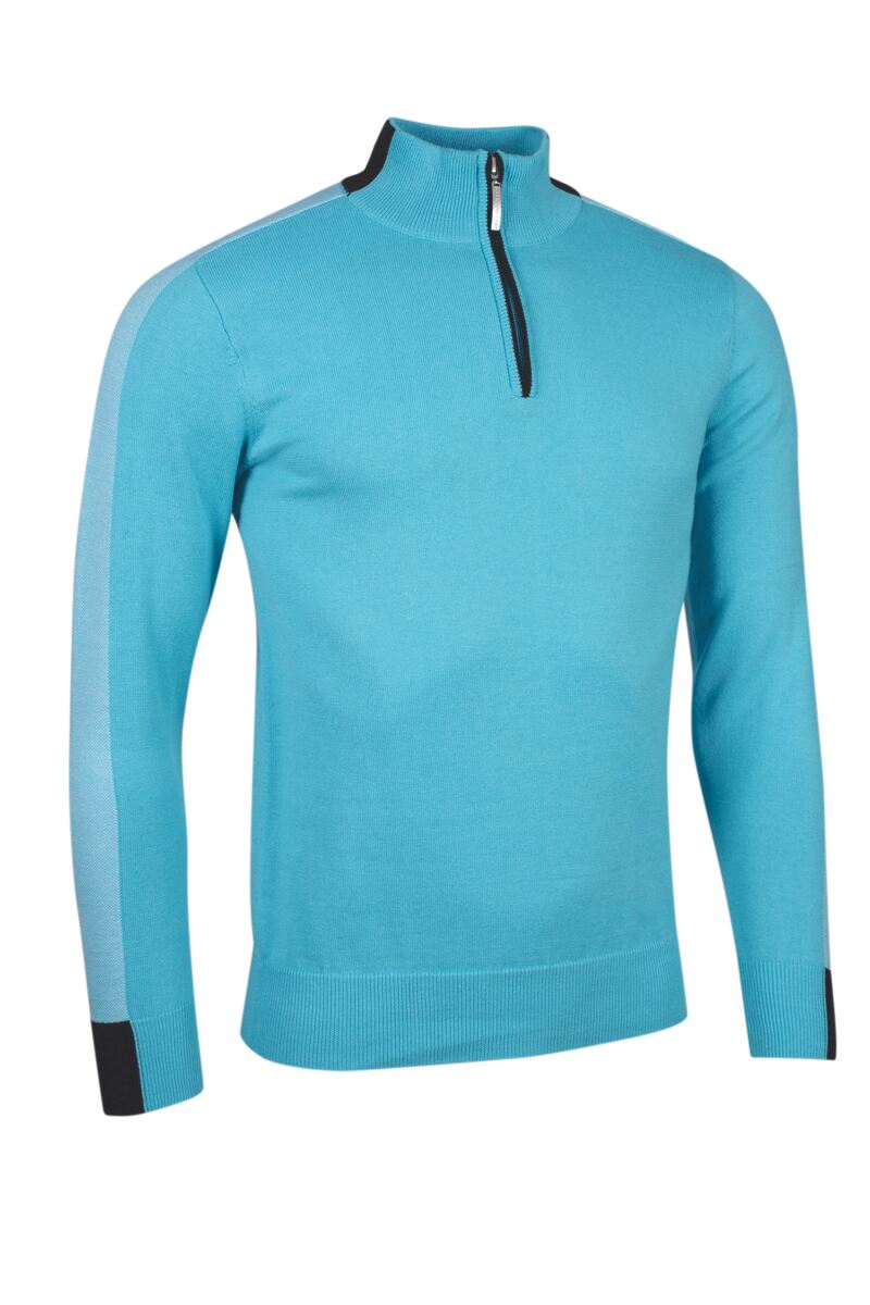 Mens Quarter Zip Birdseye Sleeve Cotton Golf Sweater Aqua/White S