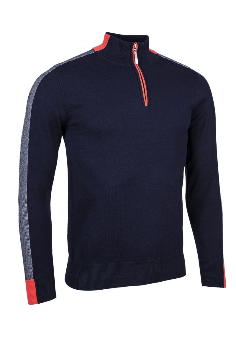 Mens Quarter Zip Birdseye Sleeve Cotton Golf Sweater Navy/White S