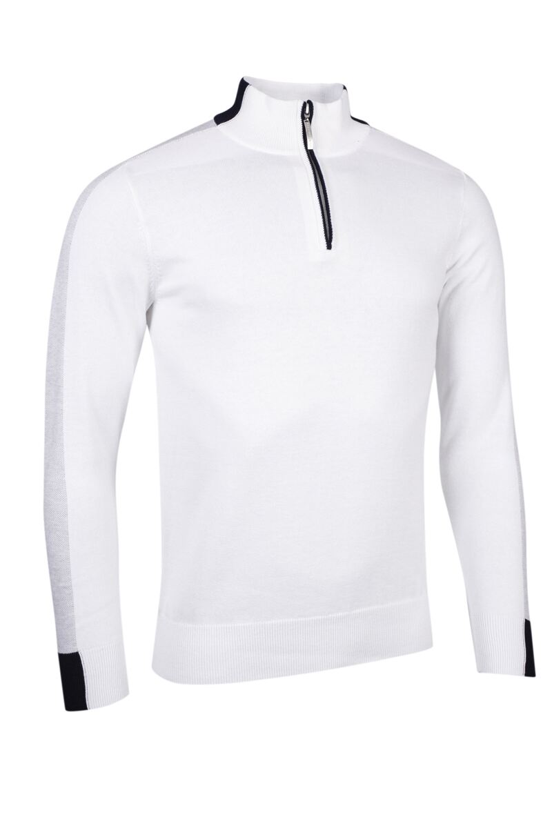 Mens Quarter Zip Birdseye Sleeve Cotton Golf Sweater White/Light Grey Marl XL