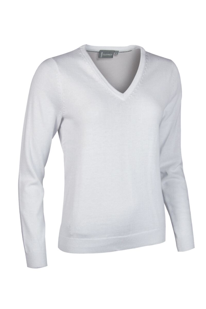 Ladies V Neck Cotton Golf Sweater White L