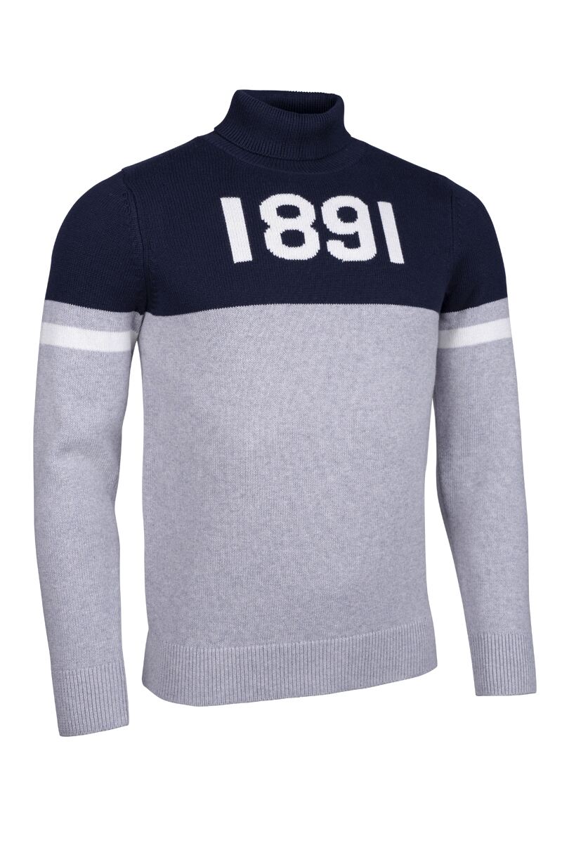 Mens and Ladies Roll Neck Contrast Chest and Sleeve Touch of Cashmere 1891 Heritage Sweater Light Grey Marl/Navy/White M