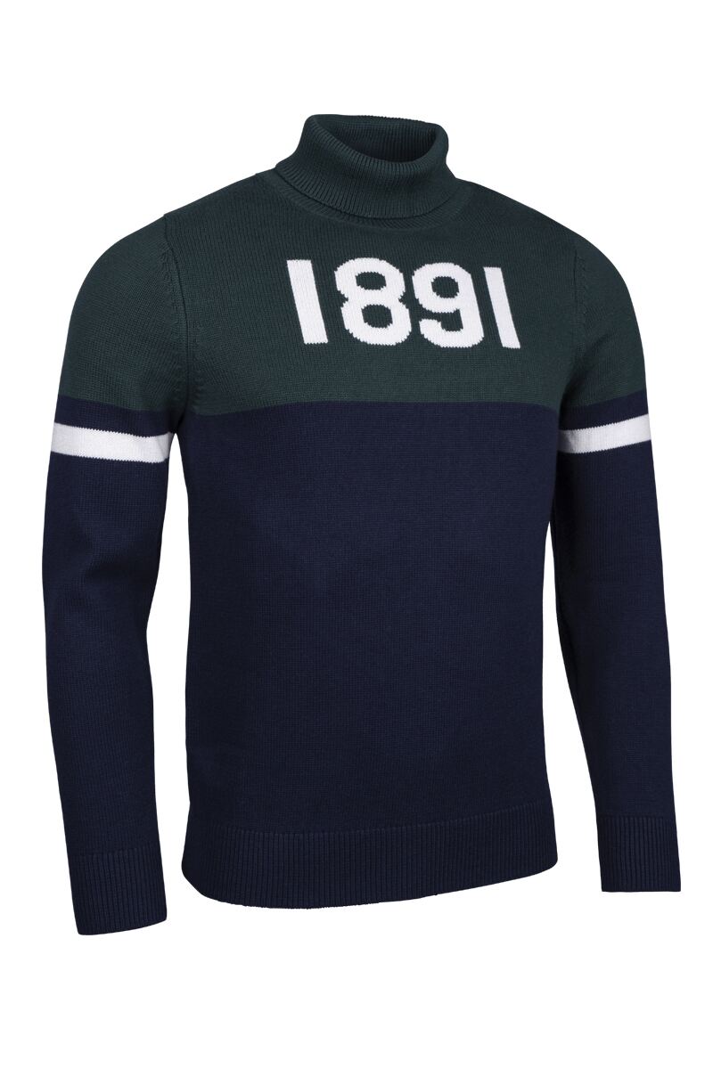 Mens and Ladies Roll Neck Contrast Chest and Sleeve Touch of Cashmere 1891 Heritage Sweater Navy/Bottle/White XL