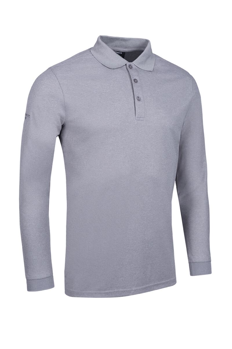 Mens Long Sleeve Performance Pique Golf Polo Shirt Light Grey Marl XL