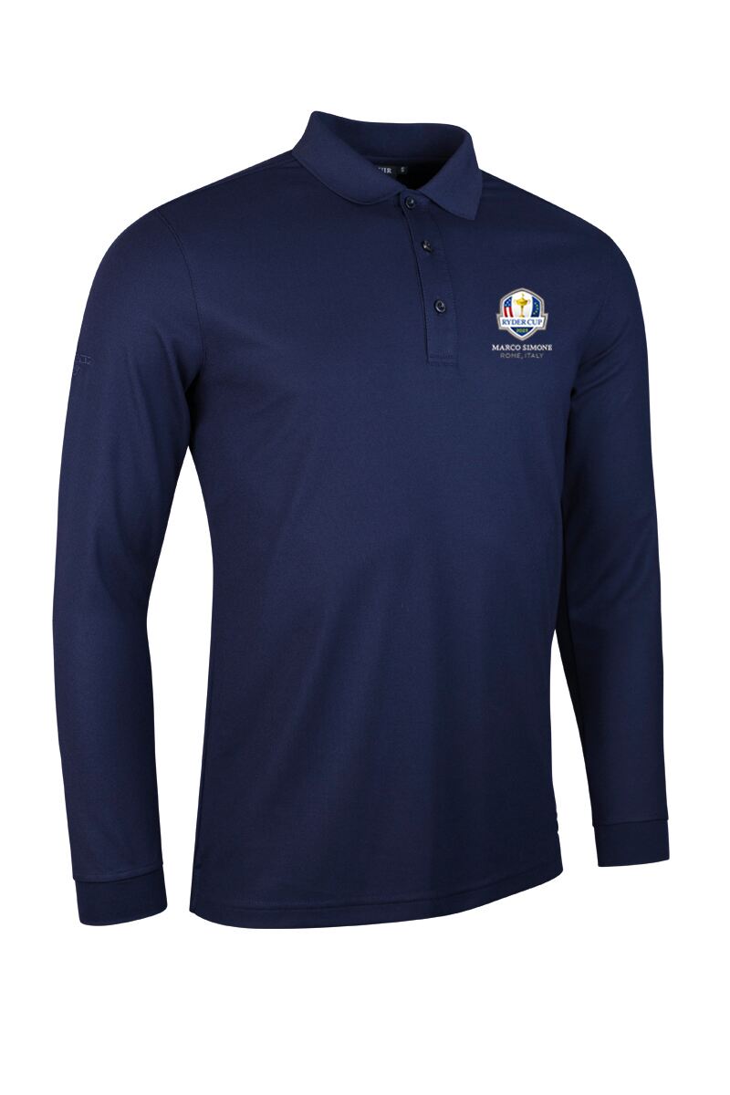 Official Ryder Cup 2025 Mens Long Sleeve Performance Pique Golf Polo Shirt Navy XL