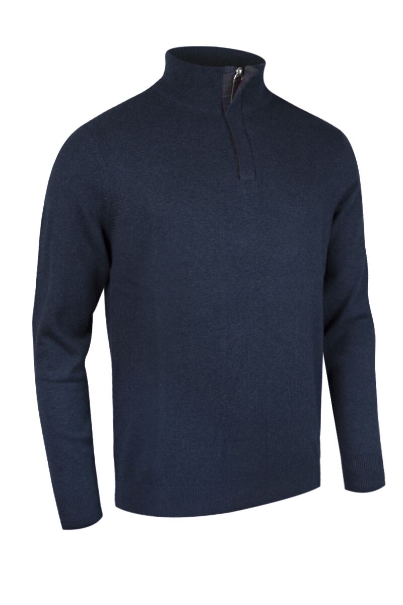 Mens Quarter Zip Tartan Placket Touch of Cashmere Golf Sweater Navy Marl XL