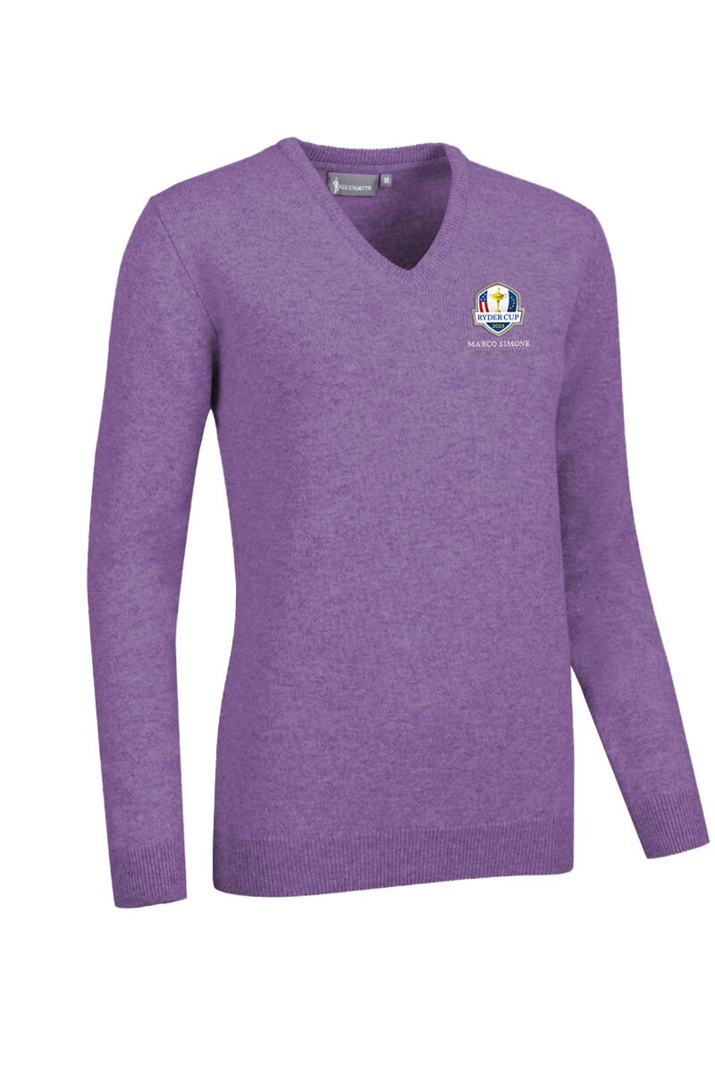 Official Ryder Cup 2025 Ladies V Neck Lambswool Golf Sweater Amethyst Marl L