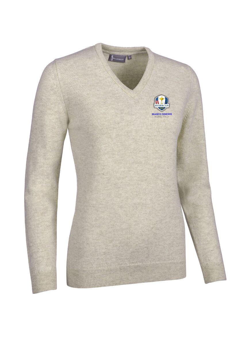 Official Ryder Cup 2025 Ladies V Neck Lambswool Golf Sweater Linen Marl L