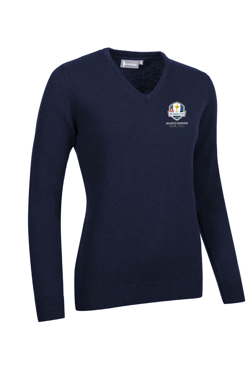 Official Ryder Cup 2025 Ladies V Neck Lambswool Golf Sweater Navy M