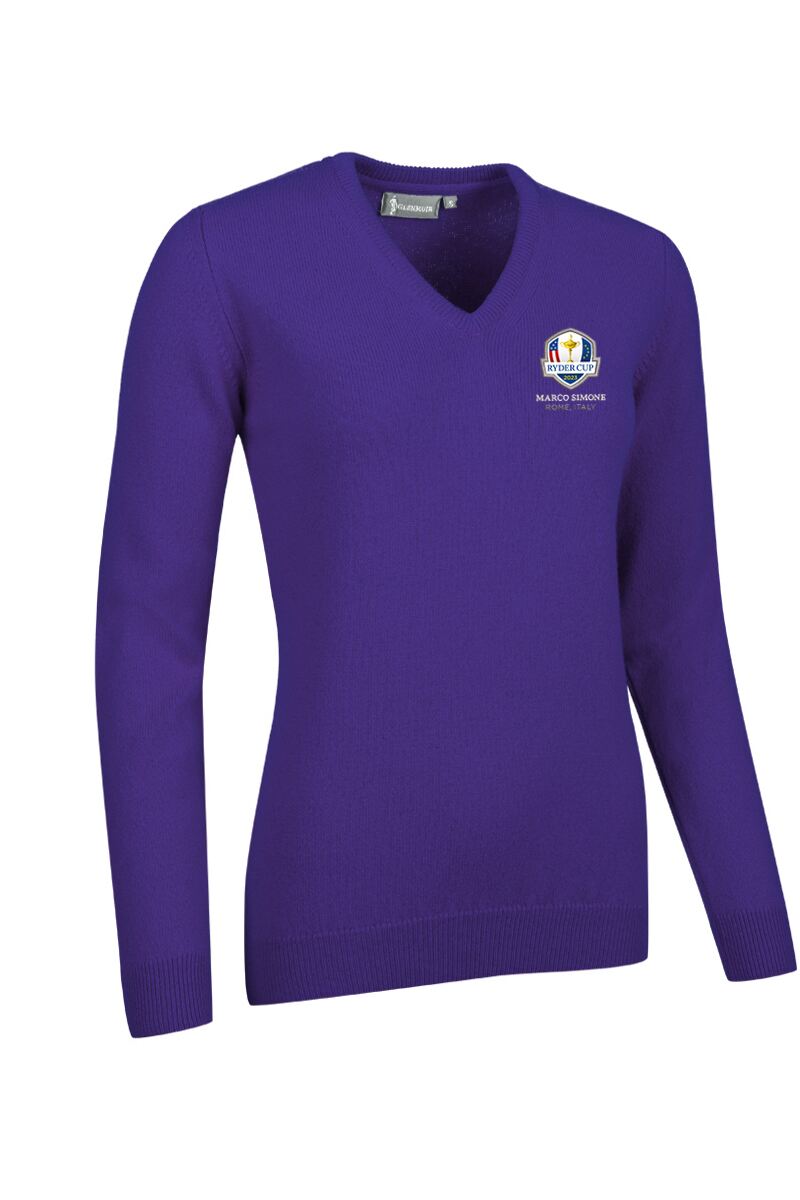 Official Ryder Cup 2025 Ladies V Neck Lambswool Golf Sweater Violet S