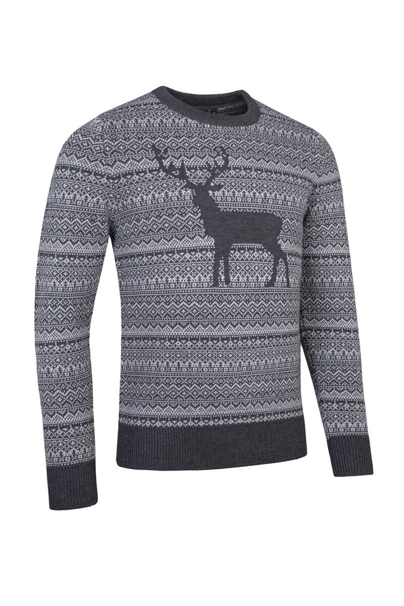 Mens Round Neck Fairisle Stag Merino Blend Christmas Sweater Charcoal Marl/Light Grey S