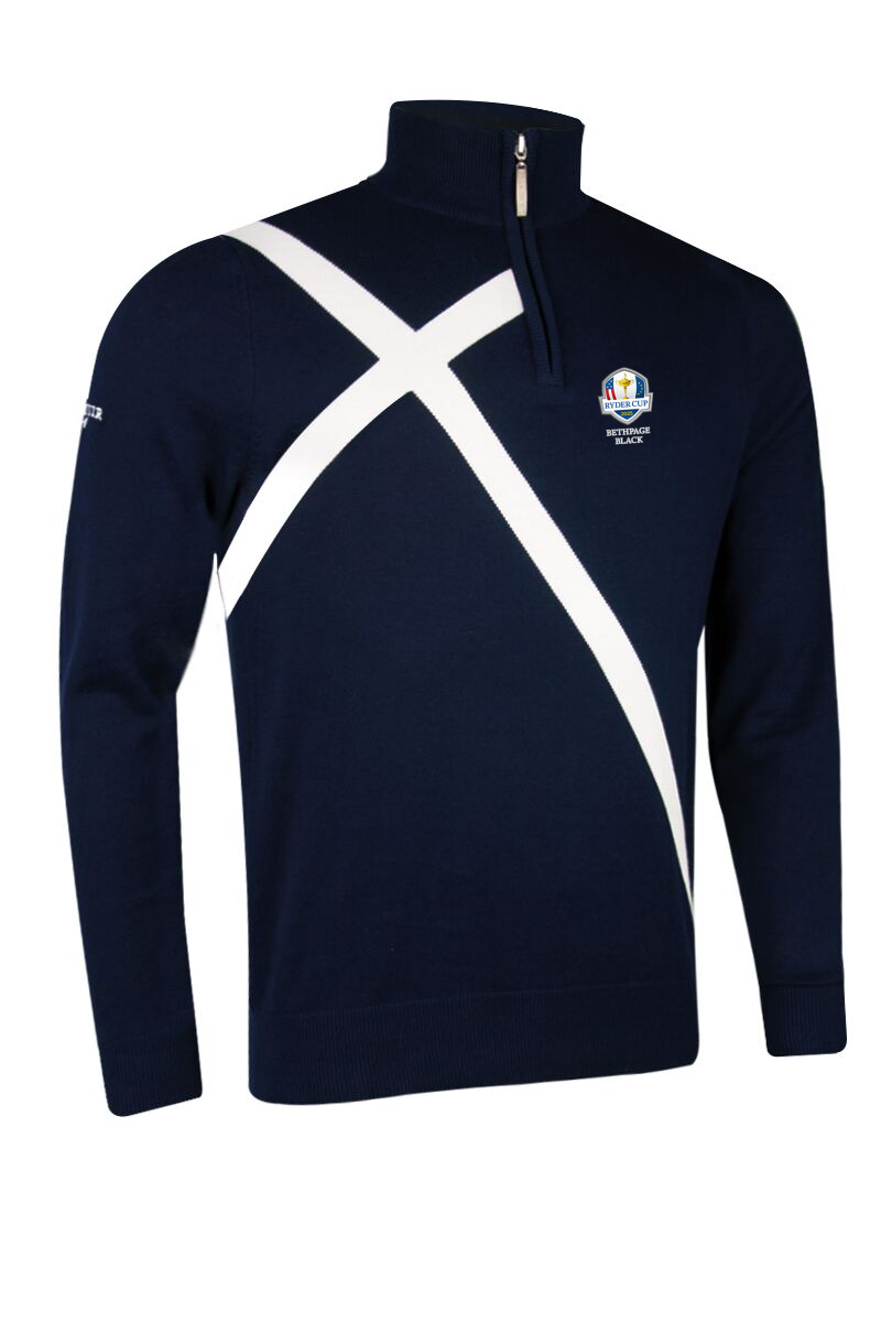 Official Ryder Cup 2025 Mens Quarter Zip Saltire Cross Cotton Golf Sweater Navy L