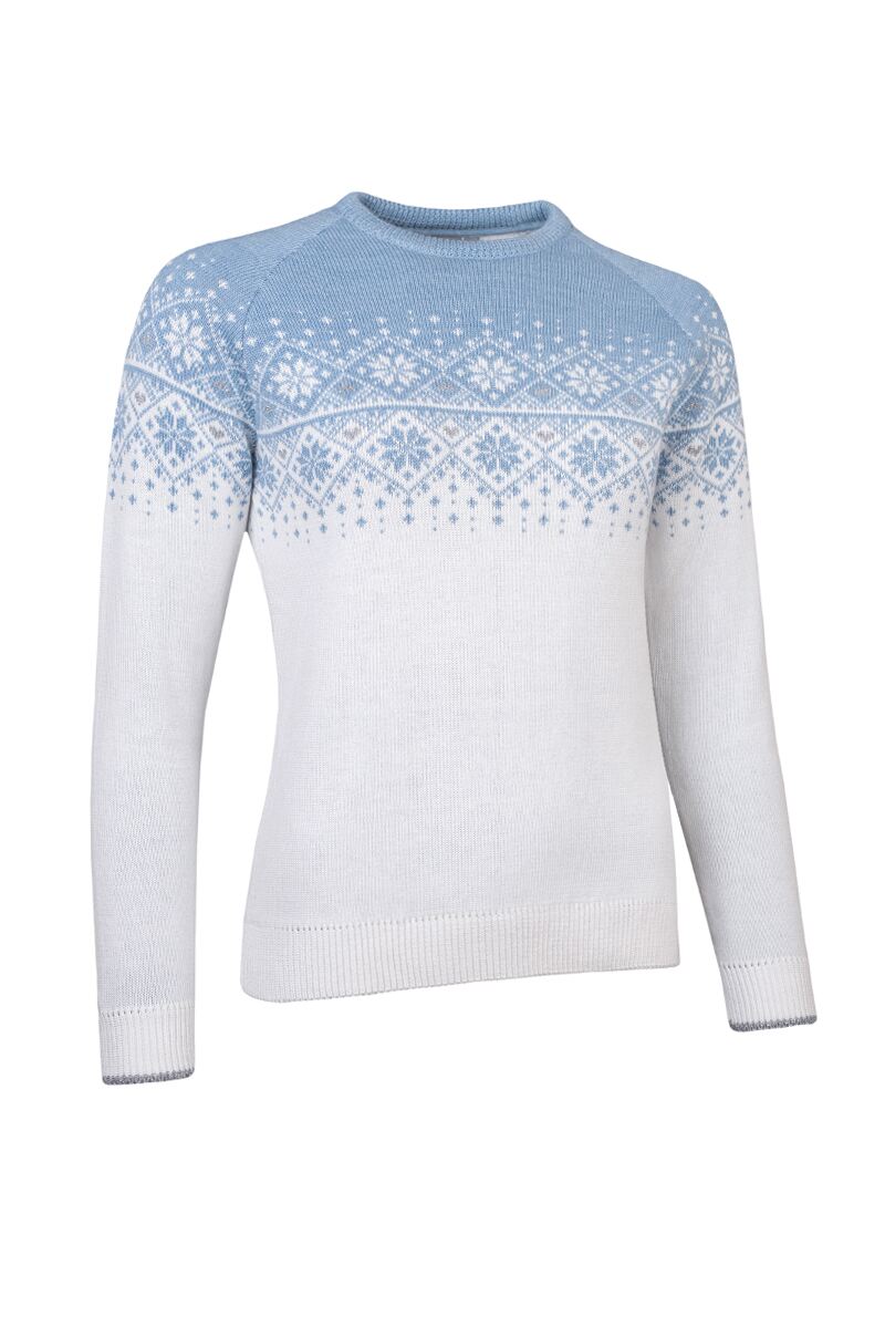 Ladies Round Neck Fairisle Snowflake Merino Blend Christmas Sweater Ivory/Ice Blue/Silver Lurex XL