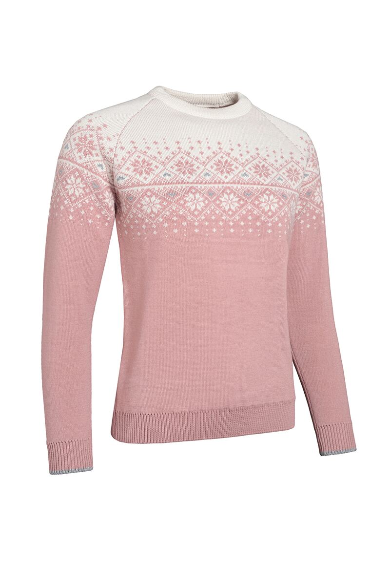 Ladies Round Neck Fairisle Snowflake Merino Blend Christmas Sweater Winter Pink/White/Silver Lurex XL