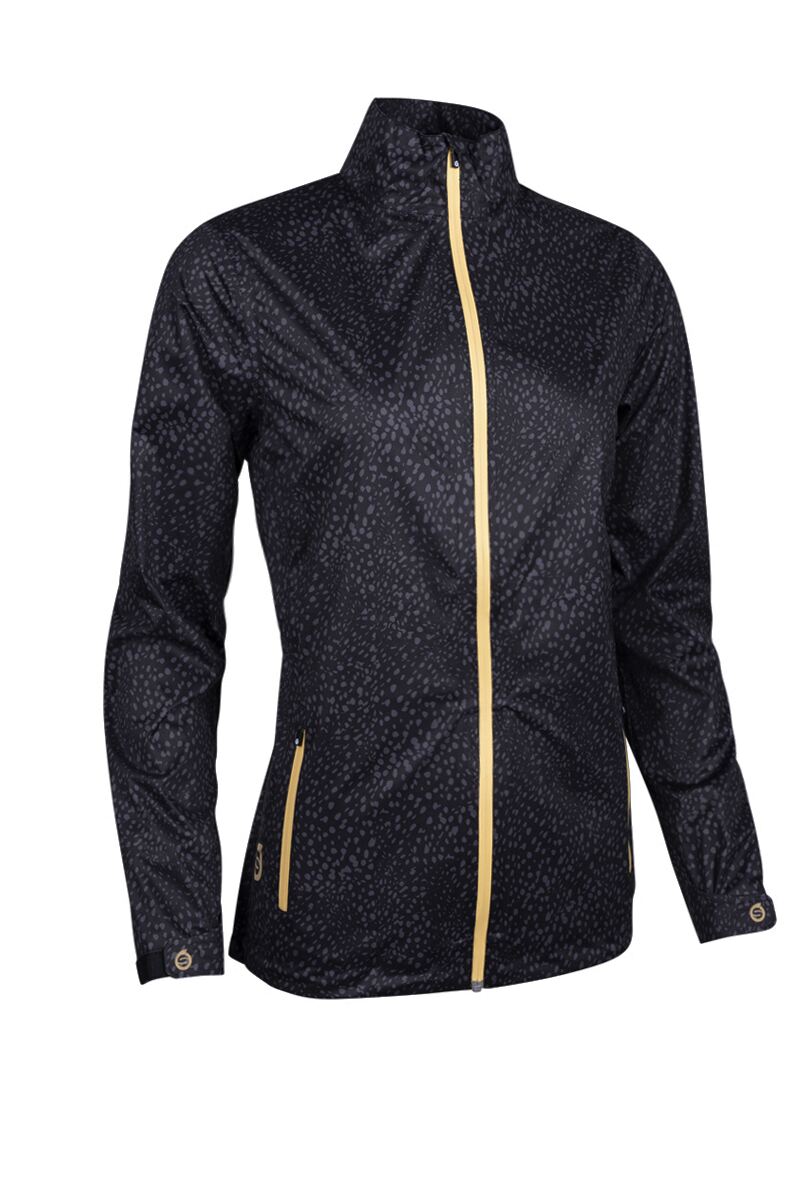 Ladies Whisperdry Lightweight Waterproof Golf Jacket Sale Black Cheetah/Gold S