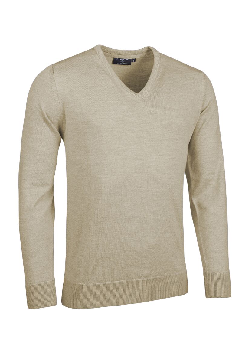 Mens V Neck Merino Wool Golf Sweater Linen Marl S