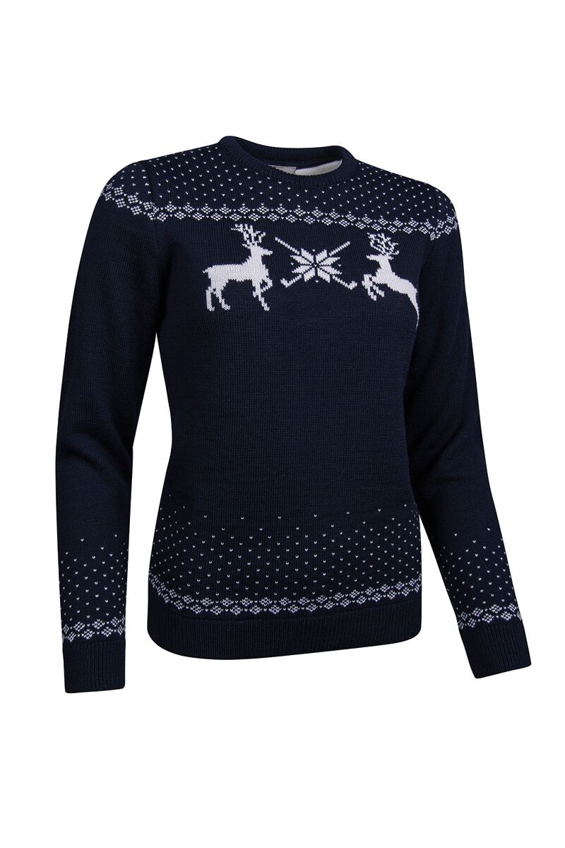 Ladies Round Neck Fairisle Patterned Merino Blend Christmas Sweater Sale Navy/White L