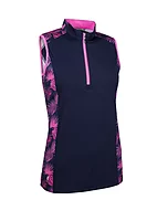 g.BILLIE SALE Printed Zip Sleeveless Performance Golf Shirt Sale - Navy/Hot Pink Tropical Print