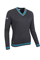 g.THE OPEN CONNIE The Open V Neck Cable Front Raglan Cotton Lightweight Golf Sweater - Charcoal Marl/Lagoon/White