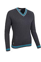 g.CONNIE SALE V Neck Cable Front Raglan Cotton Lightweight Golf Sweater Sale - Charcoal Marl/Lagoon/White