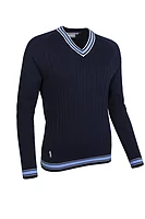 g.CONNIE V Neck Cable Front Raglan Cotton Lightweight Golf Sweater - Navy/Light Blue/White