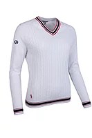 g.THE OPEN CONNIE The Open V Neck Cable Front Raglan Cotton Lightweight Golf Sweater - White/Navy/Garnet
