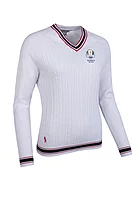 g.RYDER CUP CONNIE Ryder Cup V Neck Cable Front Raglan Cotton Lightweight Golf Sweater - White/Navy/Garnet