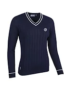 g.THE OPEN LEA The Open V Neck Vertical Stitch Cotton Lightweight Golf Sweater - Navy/White