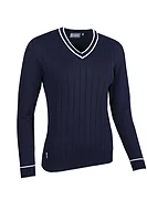 g.LEA V Neck Vertical Stitch Cotton Lightweight Golf Sweater - Navy/White