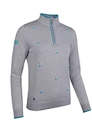 g.THE OPEN LILY The Open Quarter Zip Floral Embroidery Cotton Lightweight Golf Sweater - Light Grey Marl/Lagoon