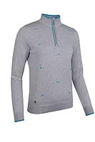 g.LILY Quarter Zip Floral Embroidery Cotton Lightweight Golf Sweater - Light Grey Marl/Lagoon
