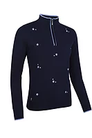 g.LILY Quarter Zip Floral Embroidery Cotton Lightweight Golf Sweater - Navy/Light Blue